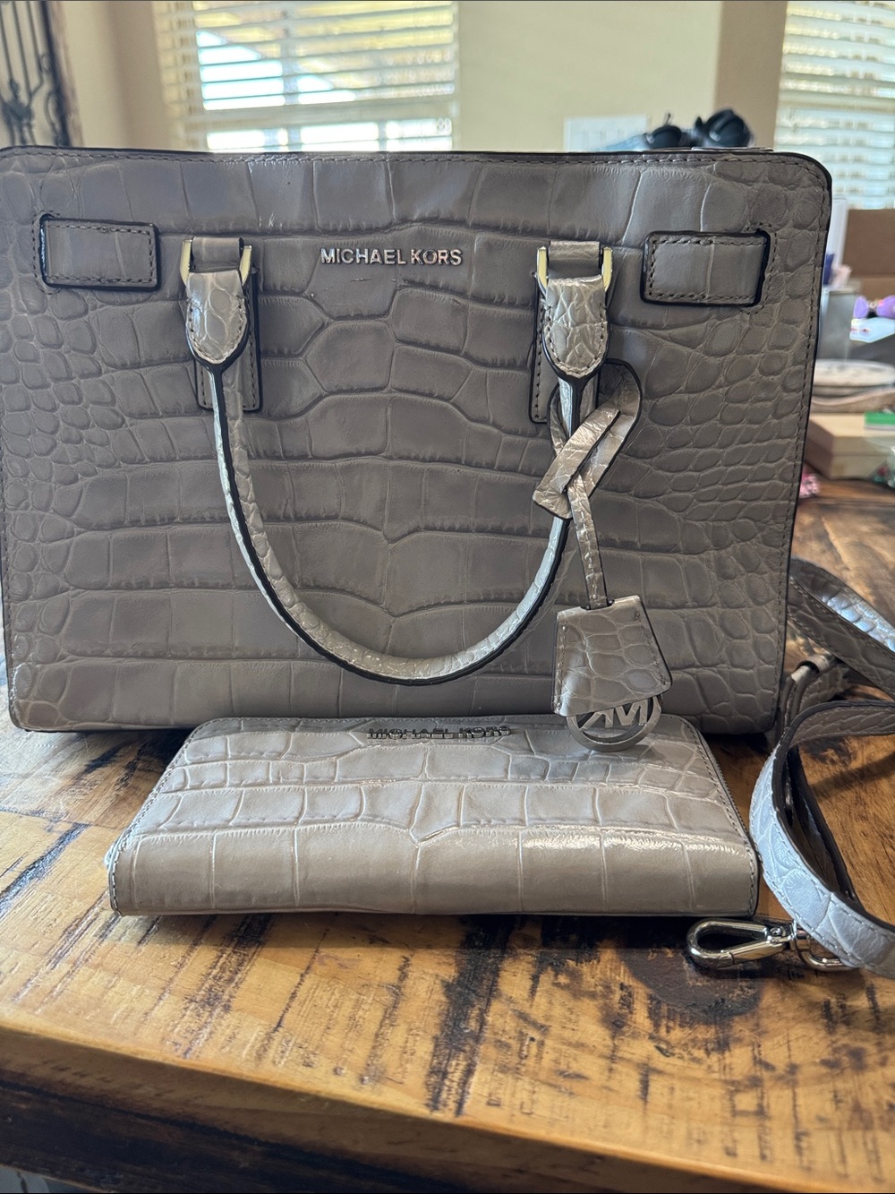 Michael Kors Taupe Croc-Embossed Satchel with Matching Wallet